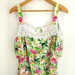 Hailey Lyn Top Women's 3X Green Pink Flamingo Toucan Print Cold Shoulder Lace